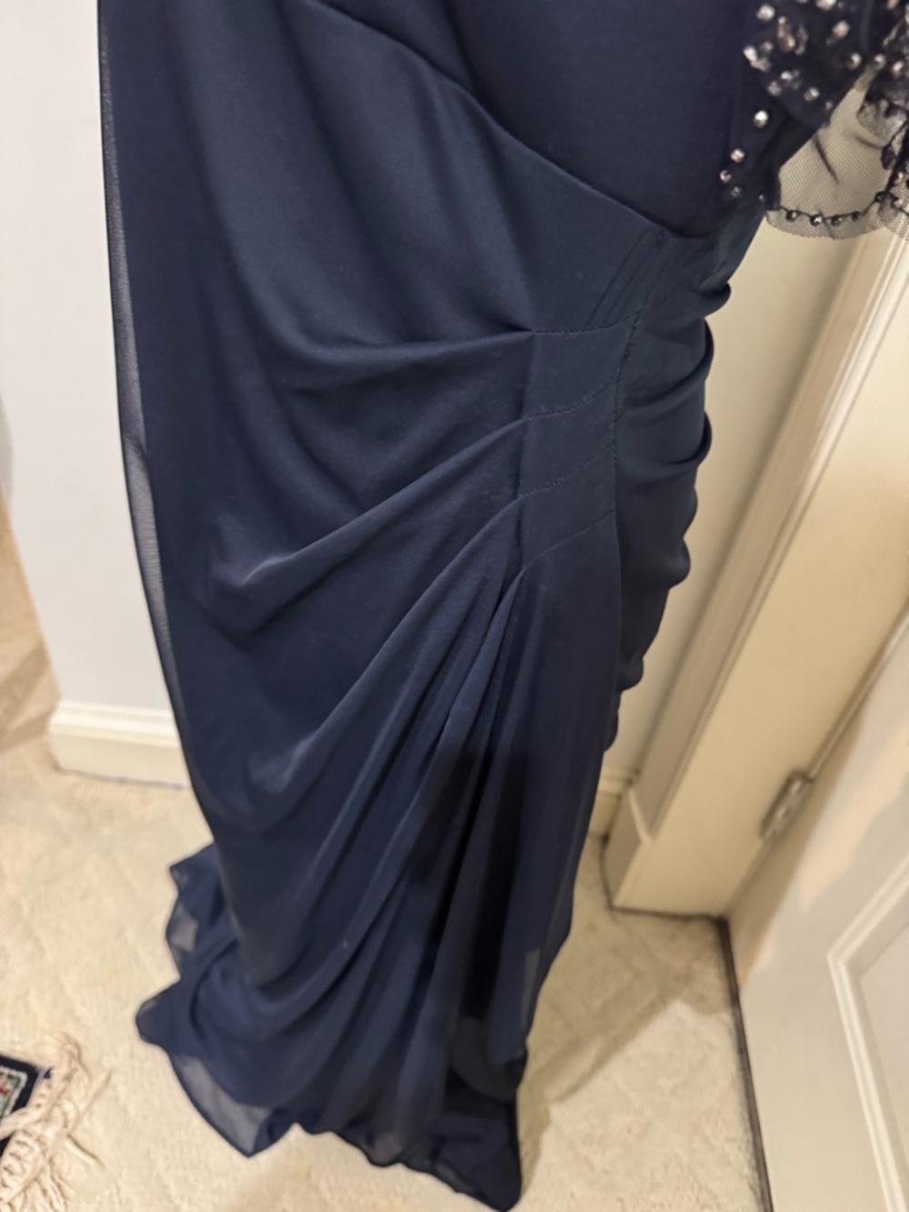 Xscape Dark Navy V-Neck Maxi Dress with Beaded Fringe Sleeves size 14 - Picture 4 of 16